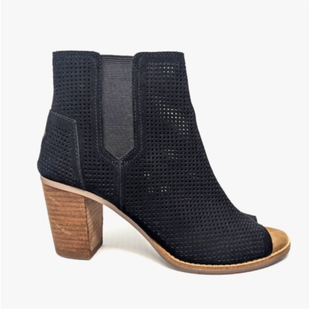 Toms | Women’s Black Perforated Suede Majorca Peep Toe Ankle Booties Size 6